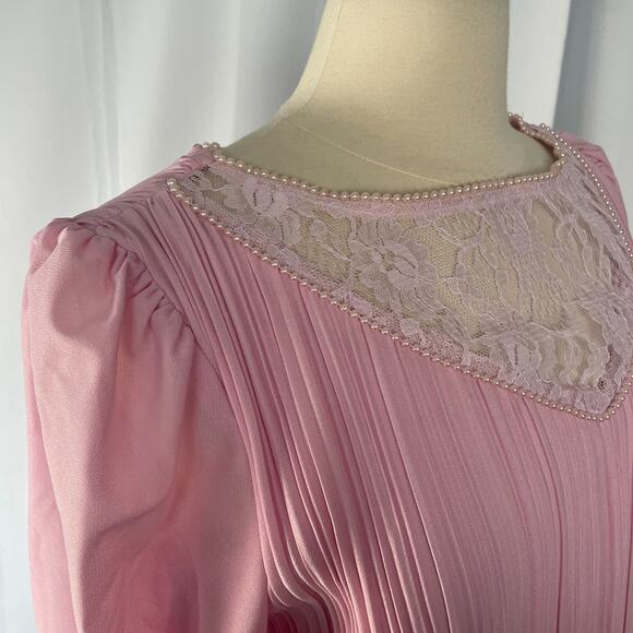 Vintage 70s Dress Size 4 Light Pink Pleated Puff Sleeve Lace Coqutte Romantic - Picture 4 of 16